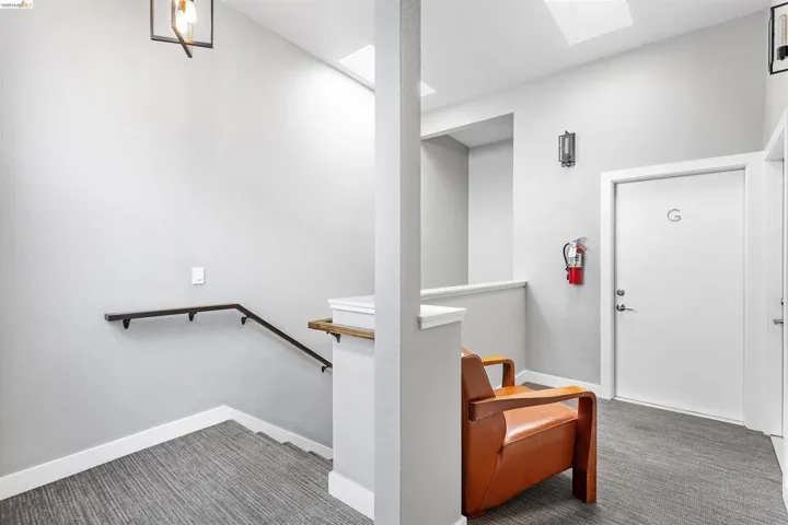 Stairs featuring carpet floors and a skylight