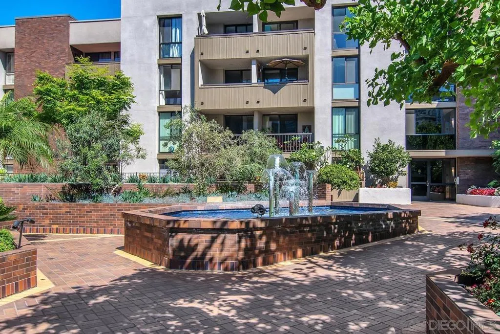 One of the many water features in the landscaped courtyards at Marina Park.