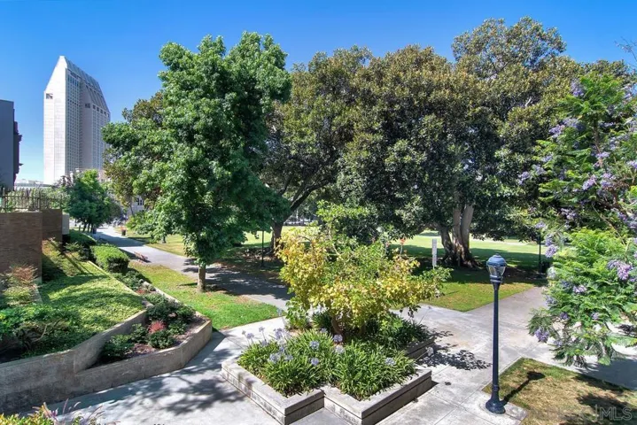 Marina Village lush landscaped courtyards and water features located next to Pantoja Park-reported to be the oldest park in San Diego.