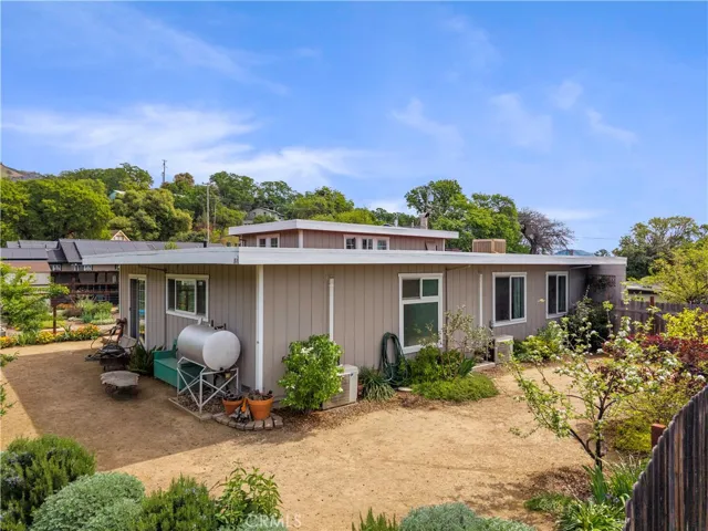 Back yard. landscaped with shrubs and fruit trees
