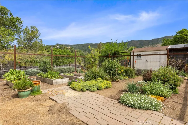fenced vegetable garden area.