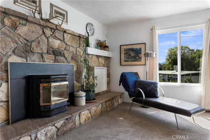 living room with pelet stove and stone mantle