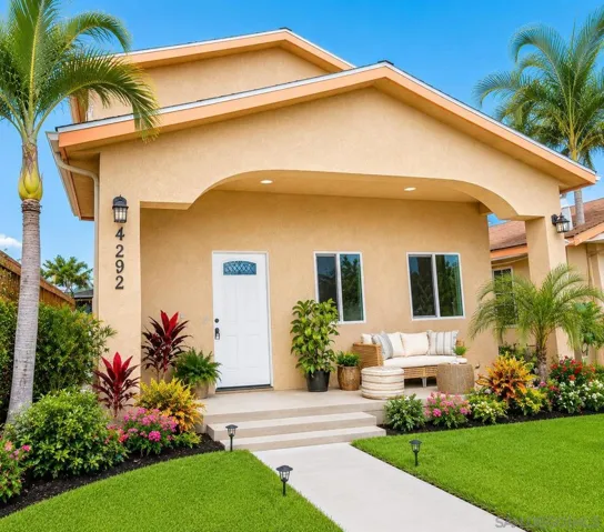 Exterior Front of 4292 Juniper Street SFR/ADU enhanced with AI adding Landscaping