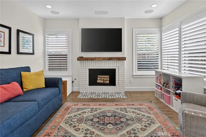 The family room has a fireplace