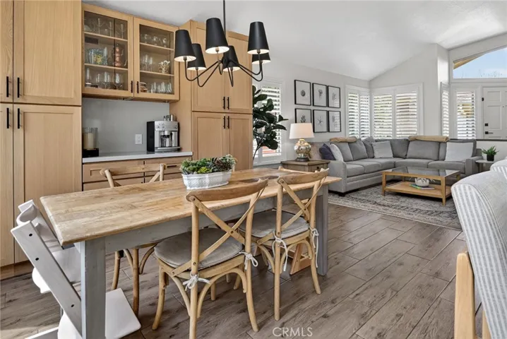 The dining area has a custom built in cabinet
