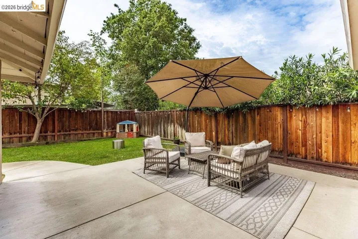 Fenced backyard featuring an outdoor living space and a patio
