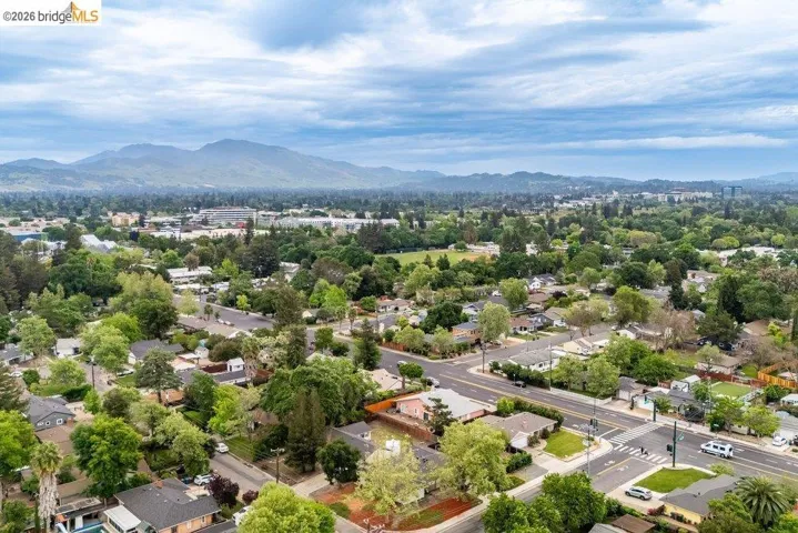 Aerial view of residential area with mountains