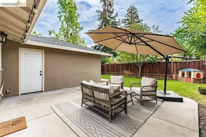 Fenced backyard featuring a patio and outdoor furniture