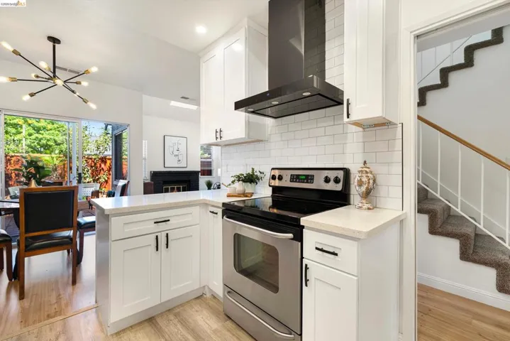 Kitchen with electric stove, a peninsula, white cabinets, light wood-type flooring, and decorative backsplash