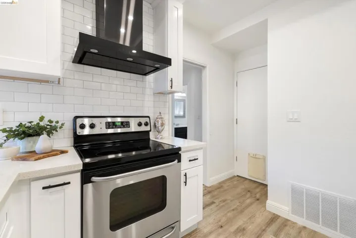 Kitchen featuring electric range, white cabinetry, backsplash, and light wood-type flooring