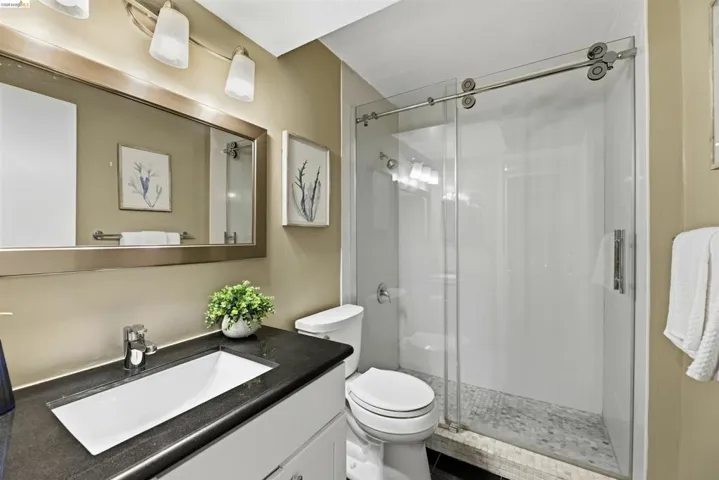 Full bathroom with vanity and a shower stall