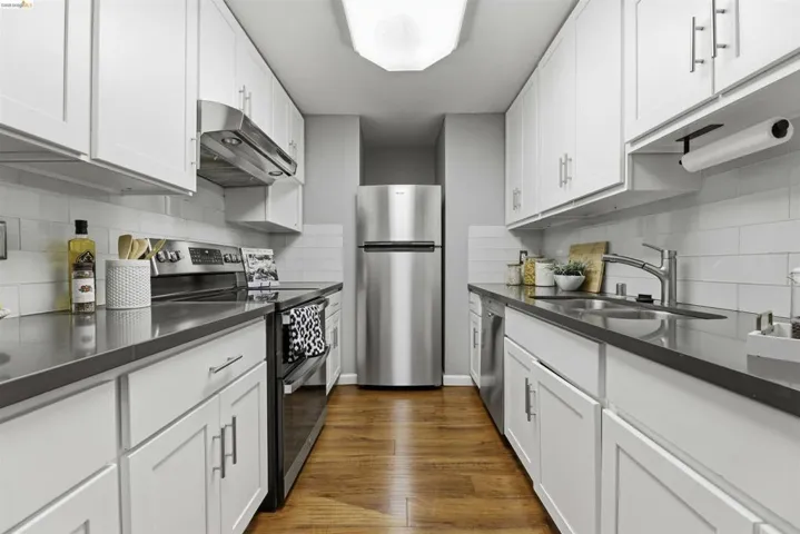 Kitchen with stainless steel appliances, extractor fan, white cabinetry, dark wood-style flooring, and tasteful backsplash