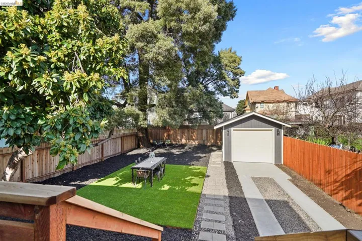 Fenced backyard featuring an outbuilding