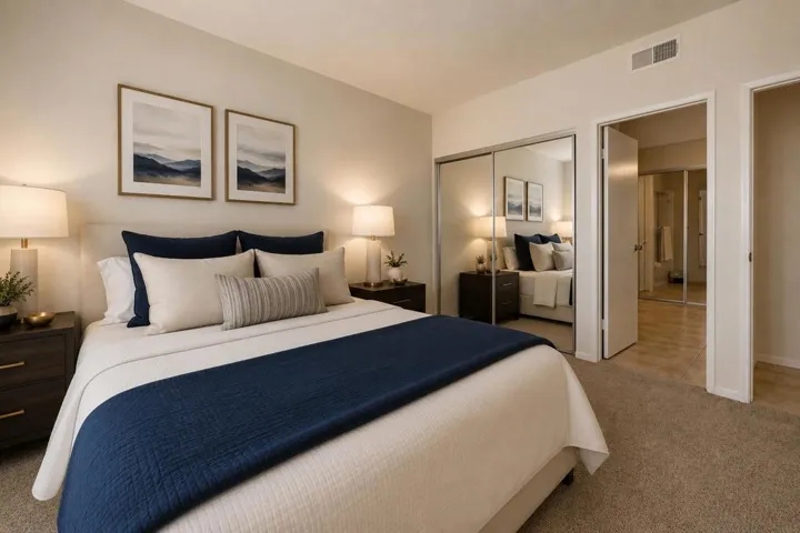 Virtually staged primary bedroom 2