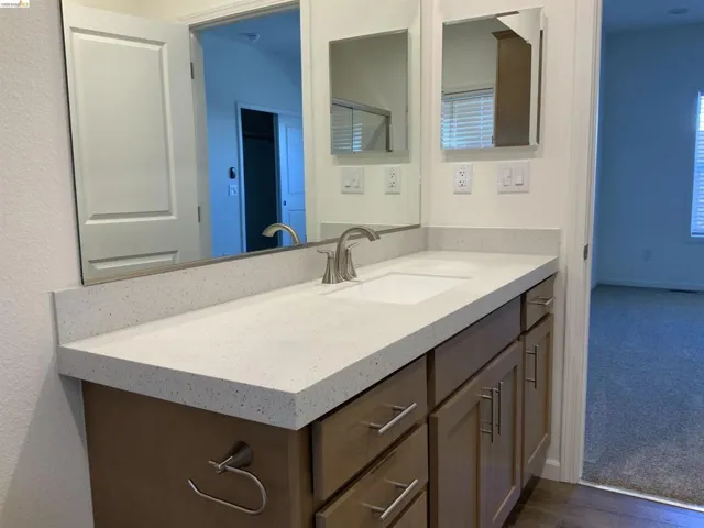 Bathroom featuring vanity, dark colored carpet, and dark wood-type flooring