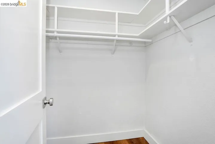 Walk in closet with dark wood-type flooring