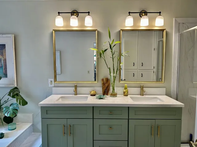 New double sink vanity also has new electrical lighting and fixtures.