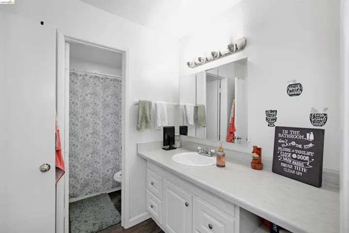 Bathroom featuring vanity and dark wood-style flooring