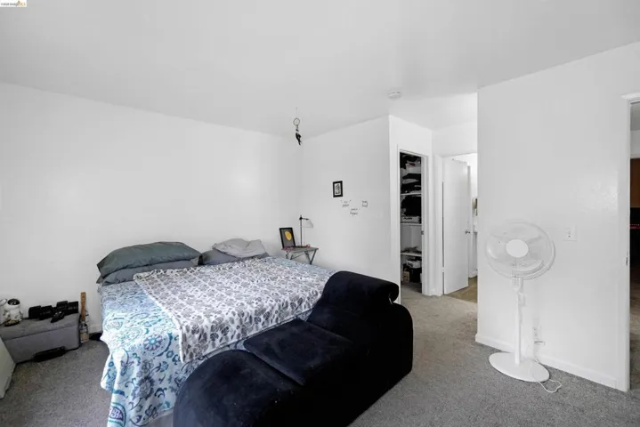 Bedroom with light colored carpet and a spacious closet