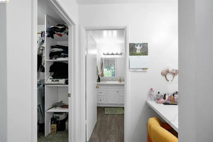 Bathroom featuring vanity, walk-in closet in primary bedroom, access to hall bathroom