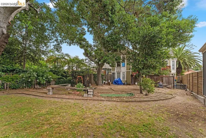 Fenced backyard featuring a playground