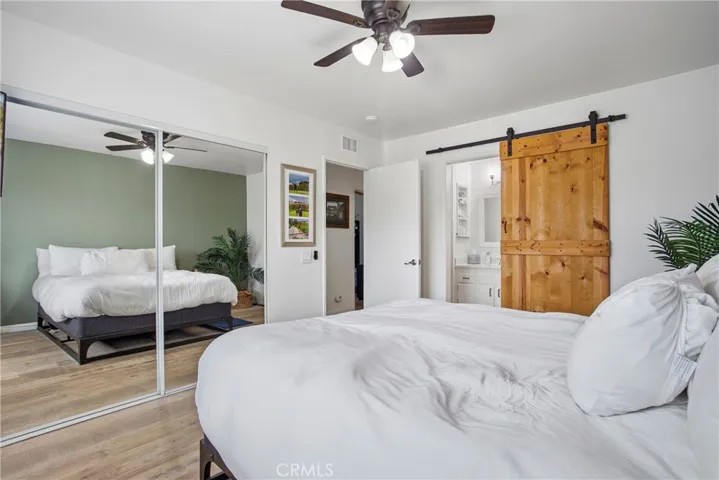 Large Mirrored Closet w/ Barn Door to Bath.