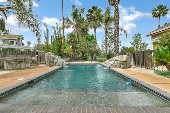 View of pool featuring a fenced backyard and patio surround
