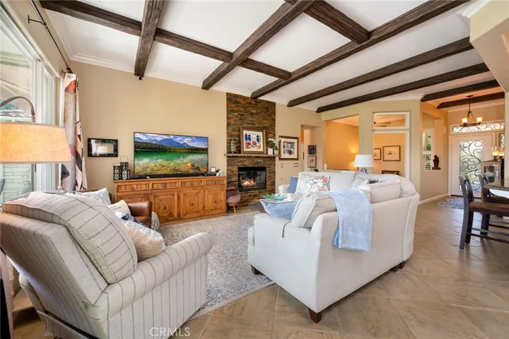 Open Floorplan Great Room with High Beamed Ceilings