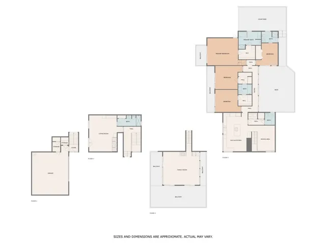 Enter at garage level. One flight up is family rm/ADU/5th bedroom.  Next up Living Room.  Next up is kitchen dining and 4​​‌​​​​‌​​‌‌​​‌​​​‌‌​​​‌​​‌‌​​‌‌​​‌‌​​​​ BR's.