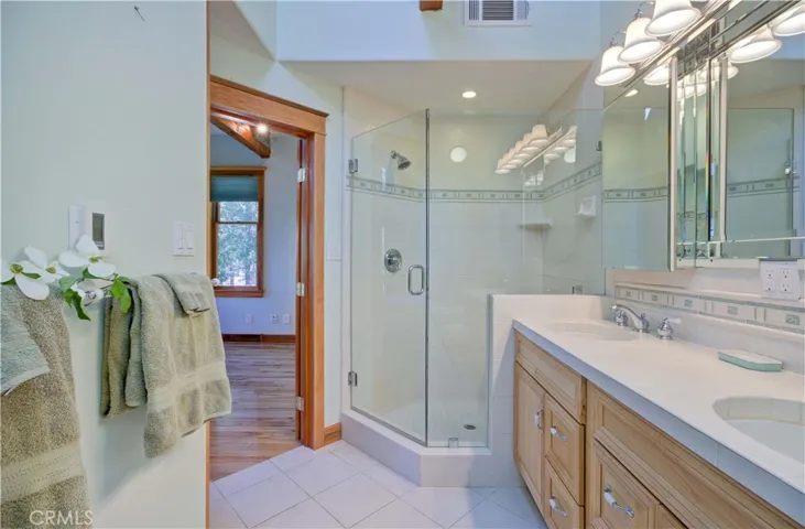Primary bath shower and dual sinks