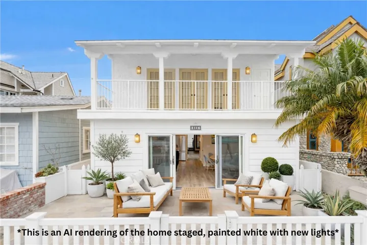 Rendering- digitally staged, painted, with new lights and patio tile.