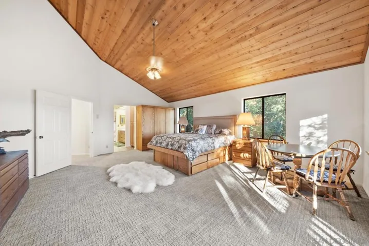 Primary Bedroom with cozy fireplace, private deck and en suite bathroom with walk-in closet.