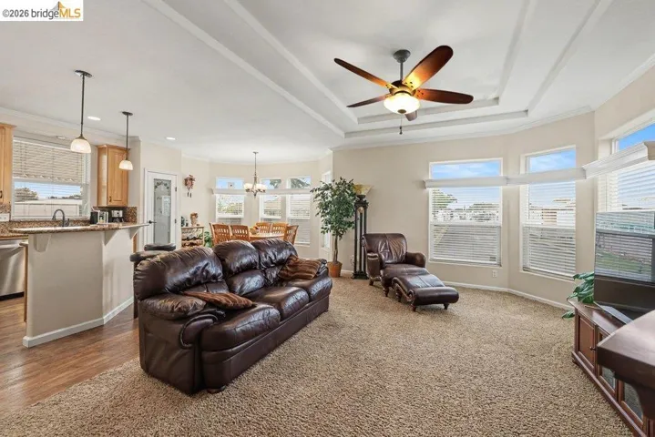 Living area featuring a ceiling fan, ornamental molding, healthy amount of natural light, and suspended lighting