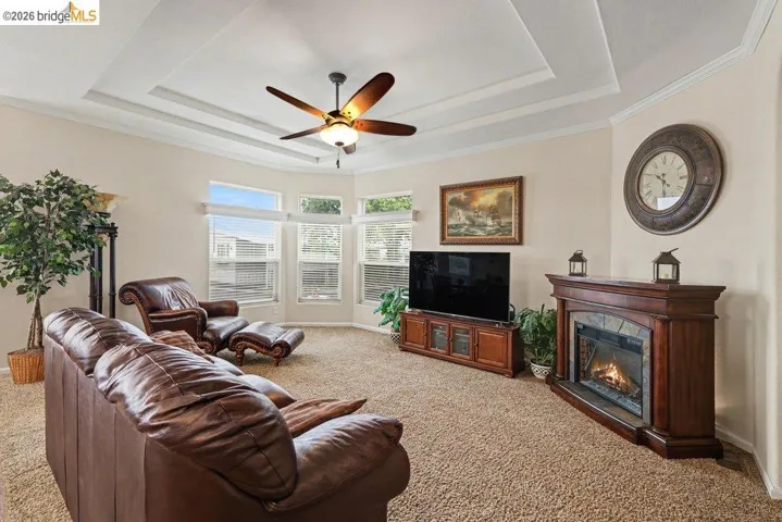 Living room with light carpet, ceiling fan, crown molding, and a premium fireplace