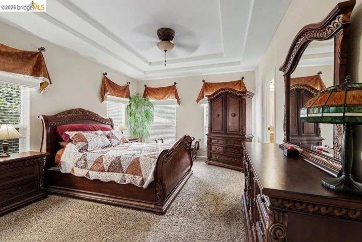 Bedroom featuring light carpet, a raised ceiling, and a ceiling fan