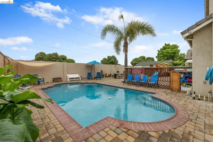 View of pool with patio surround and a fenced backyard