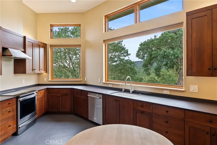 Below the scenic view out, see the beautiful paper stone countertops.