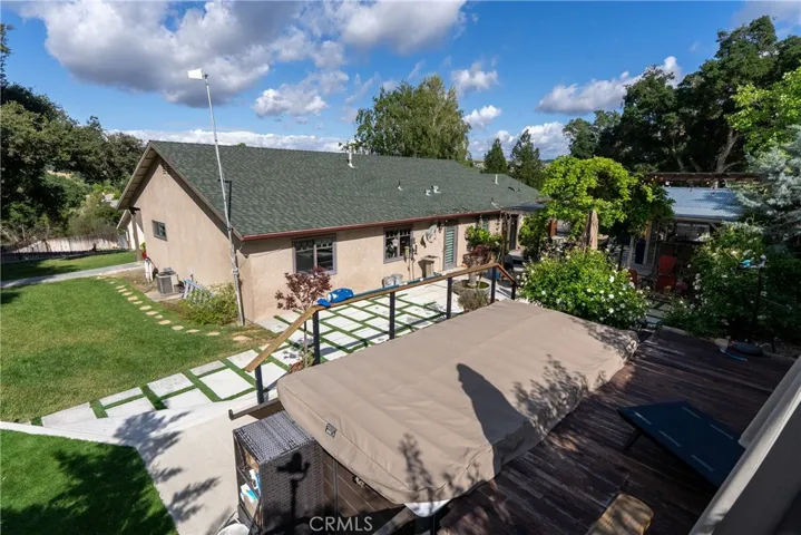 Bird’s-eye view of the backyard and swim spa