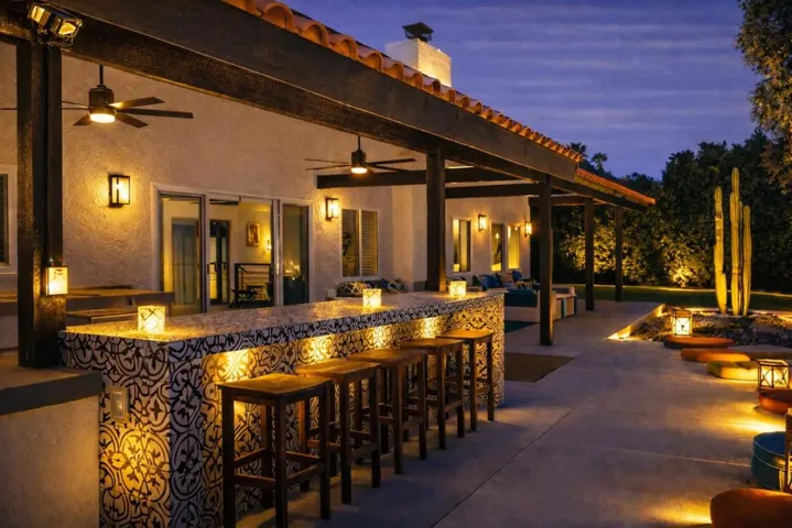 Twilight patio with lantern-lit bar