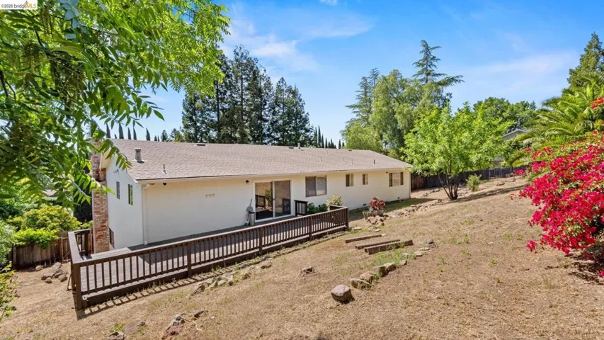 Rear view of property featuring a fenced backyard, a wooden deck, and a shingled roof