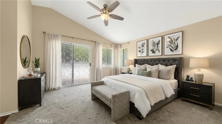 Large 2nd Primary Bedroom Upstairs With Ceiling Fan And Plush Carpet - Digitally Staged