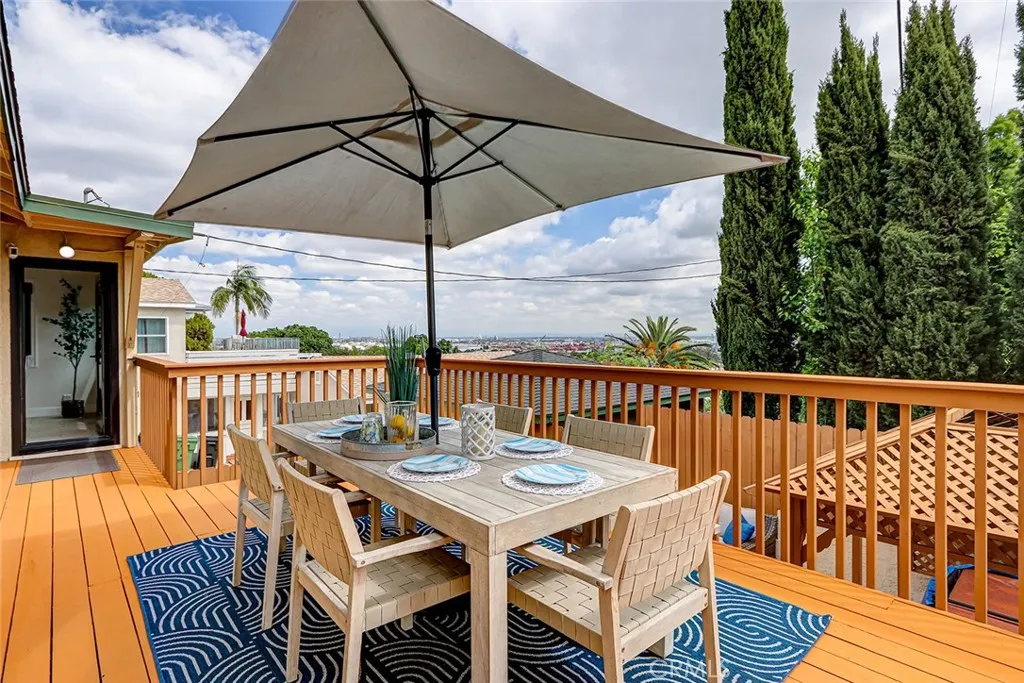 Second view showing size of the deck and the door leading into the kitchen, dining, breakfast area.