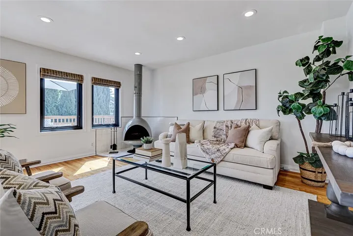 Living area with stand alone woodburning fireplace