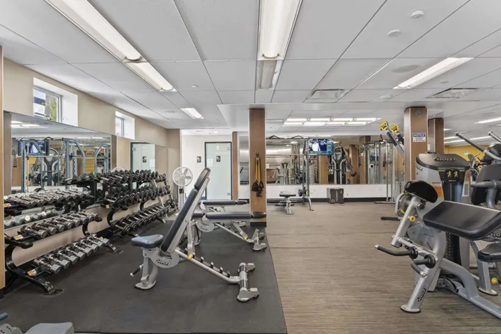 The large gym is fully equipped with high quality work out equipment, free weights, a stretching/ yoga room plus womens and mens locker rooms, each with their own saunas, hot tubs and showers.