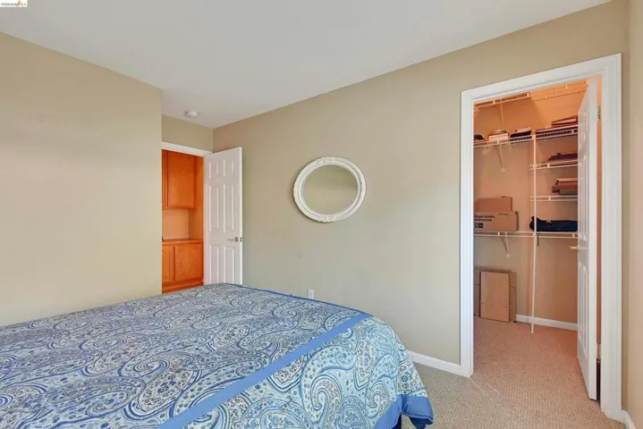 Bedroom with a spacious closet and light colored carpet
