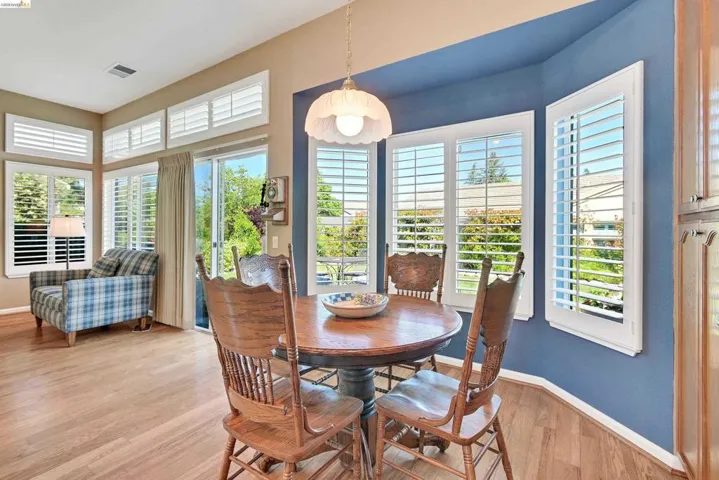 Dining space featuring light wood-type flooring and baseboards