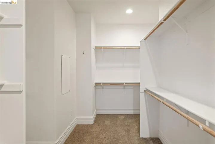 Walk in closet with dark carpet