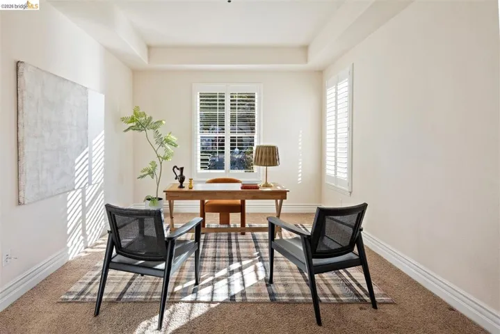 Office featuring carpet floors and a raised ceiling