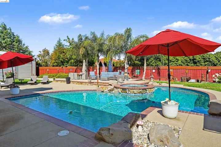 Relaxing pool / spa with a patio, a fenced backyard, and an outdoor lounge area