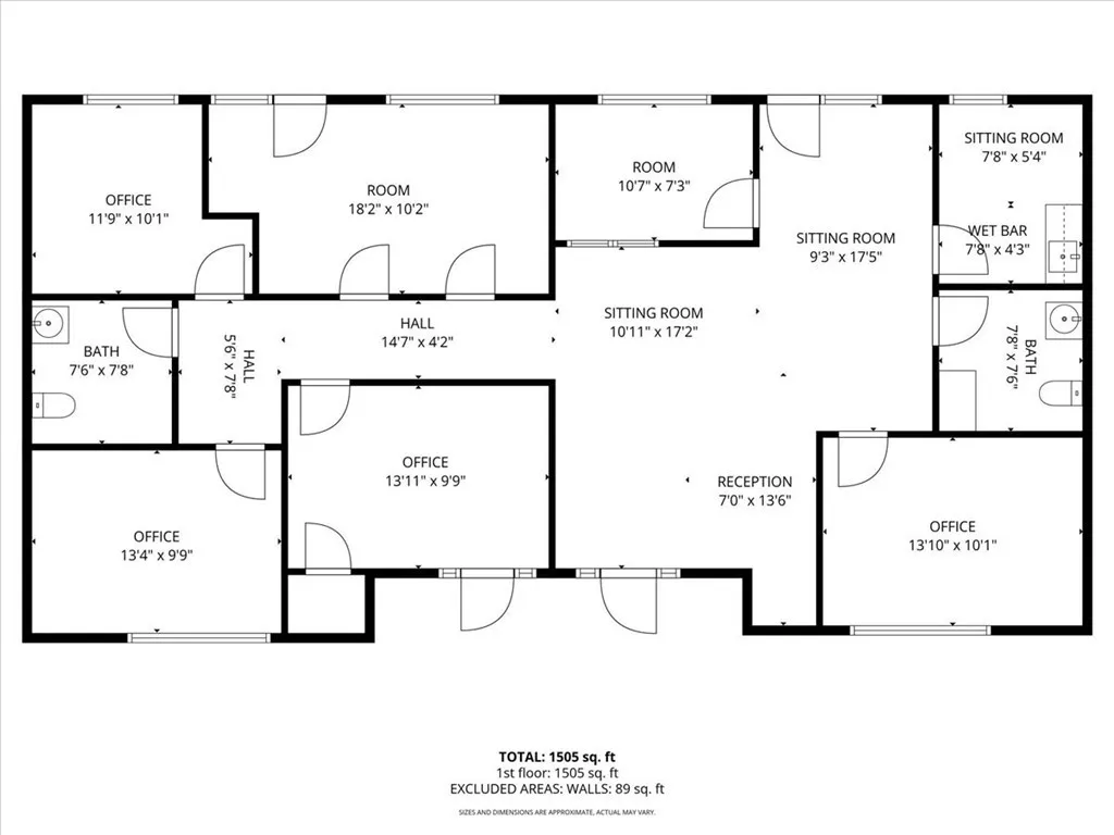 Current Floor Plan - 6 Private Offices, 2 Restrooms, 4 Exterior Entrances.